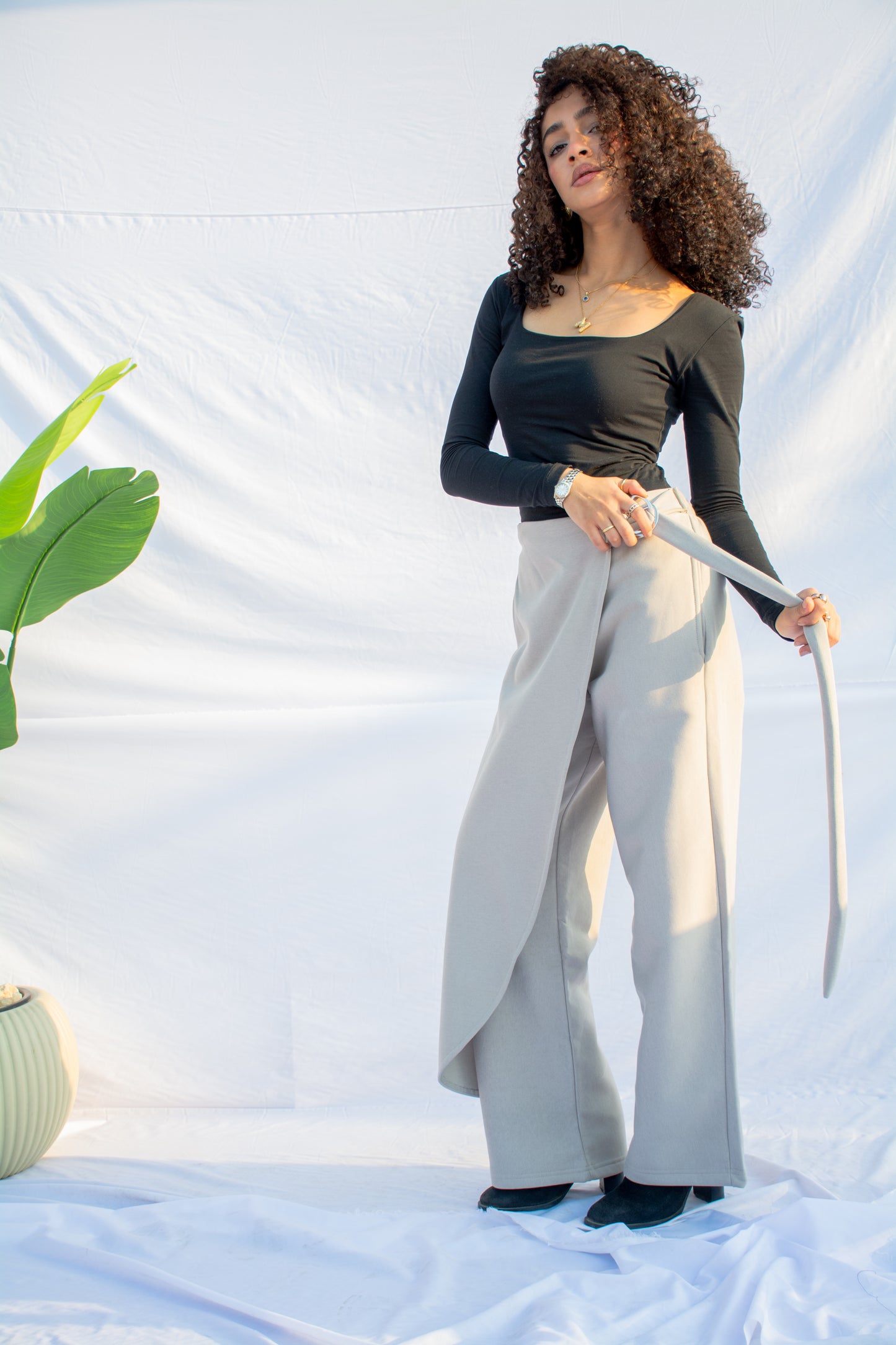 Wide-Leg D-Ring Wrap Pants- gray