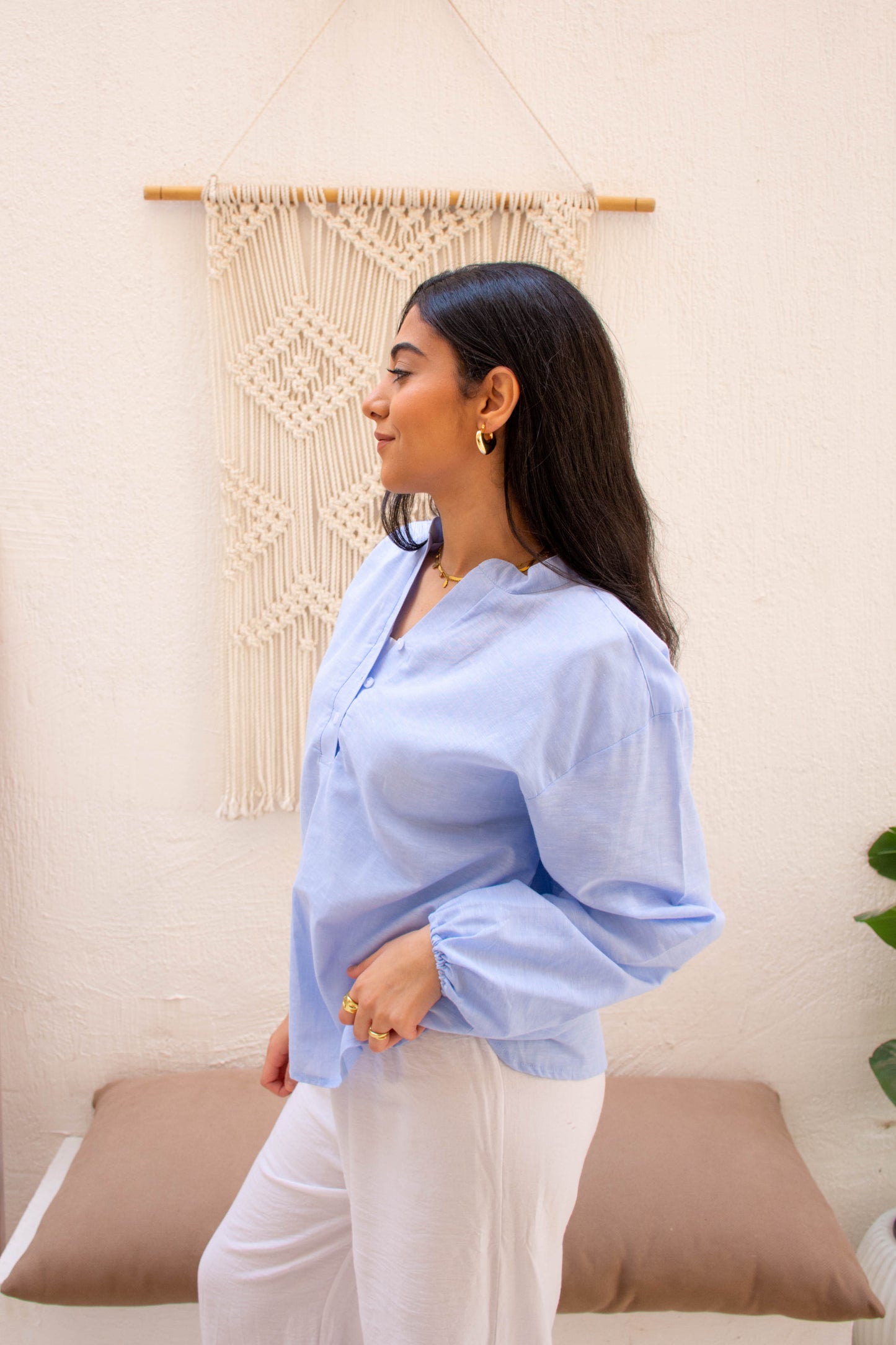 Linen Blouse Regular Fit – Blue