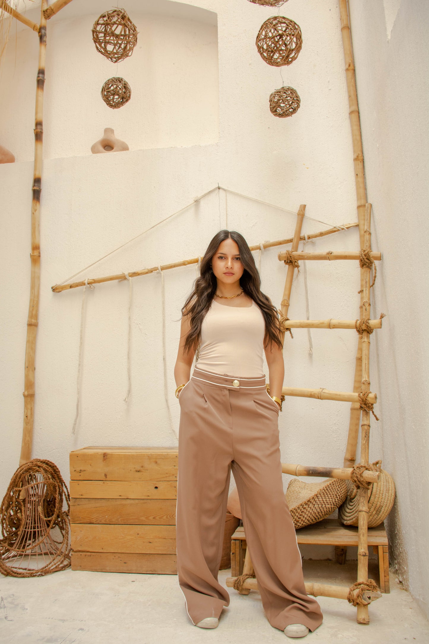 Sidelined Wide-Leg Pants - Dark Beige