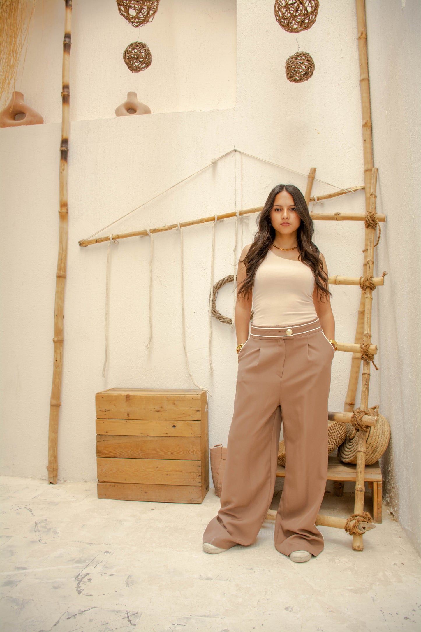 Sidelined Wide-Leg Pants - Dark Beige
