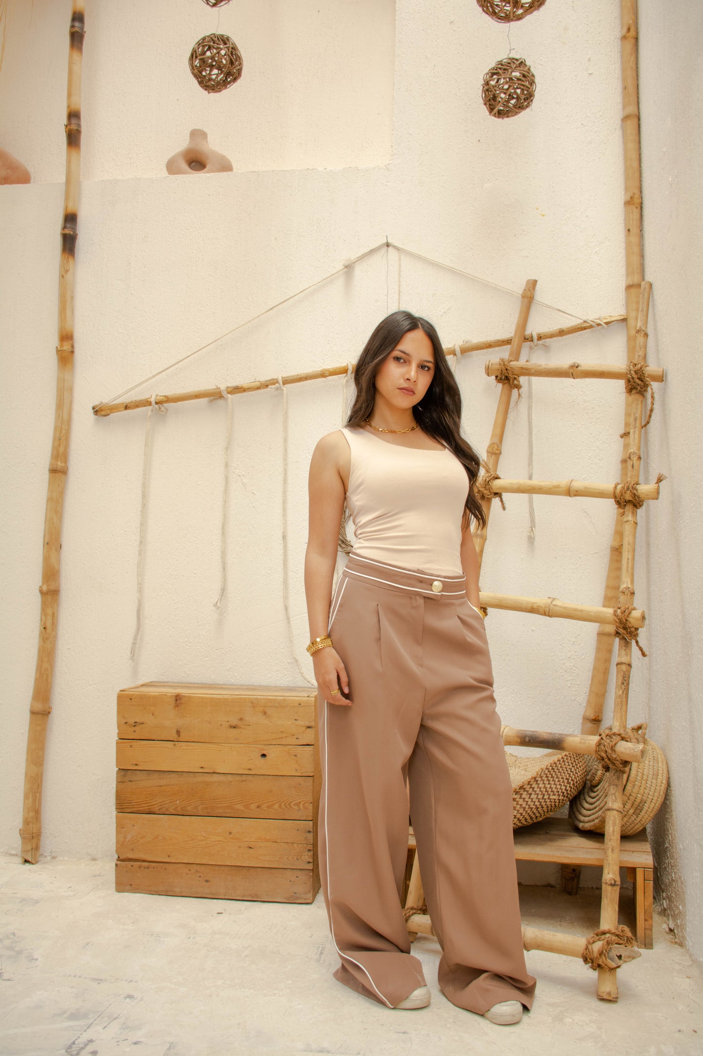 Sidelined Wide-Leg Pants - Dark Beige