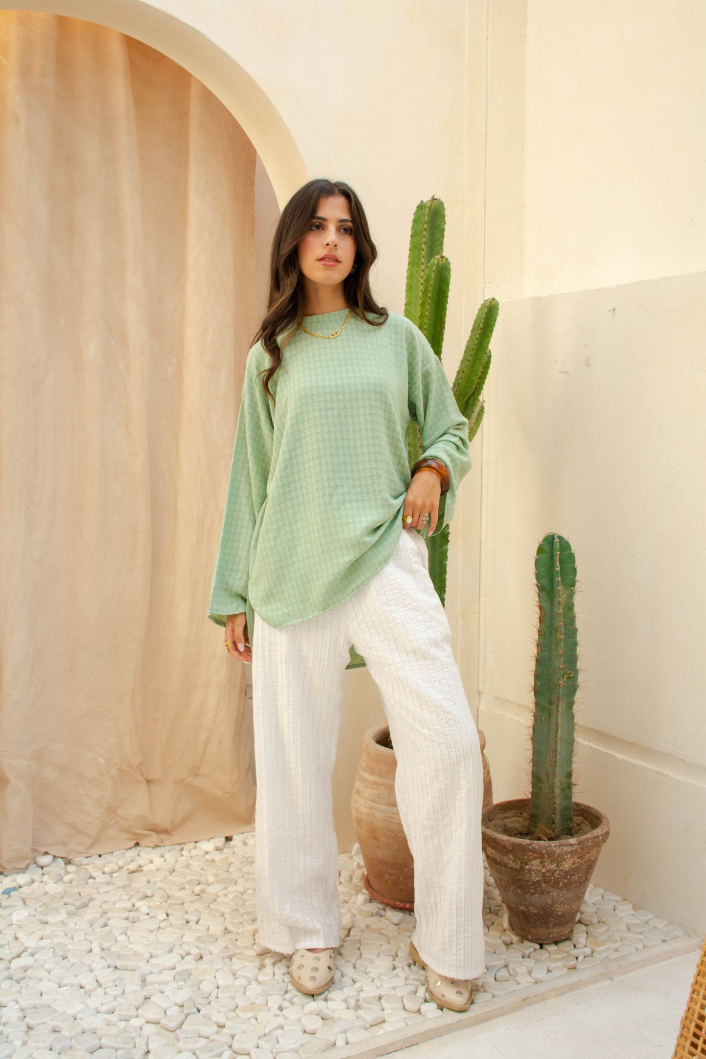 Textured Wide-Leg Pants – White
