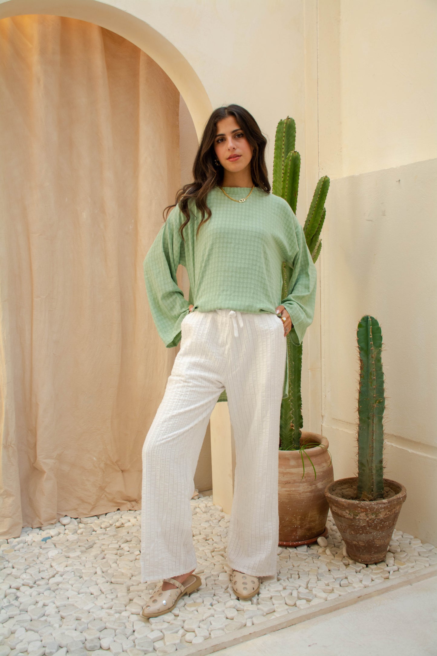 Textured Wide-Leg Pants – White