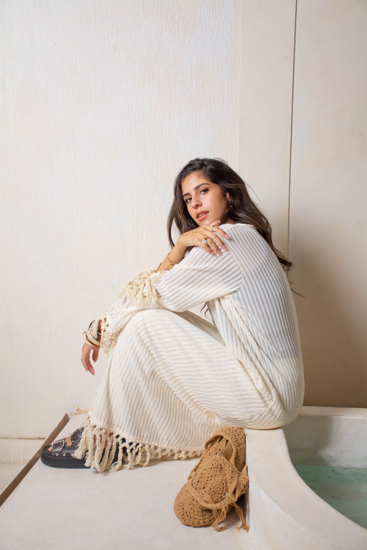 Fringe Knit Dress – White