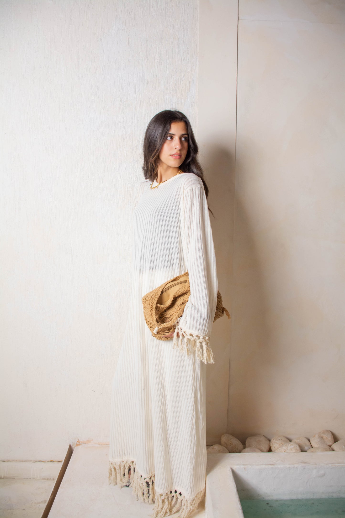 Fringe Knit Dress – White