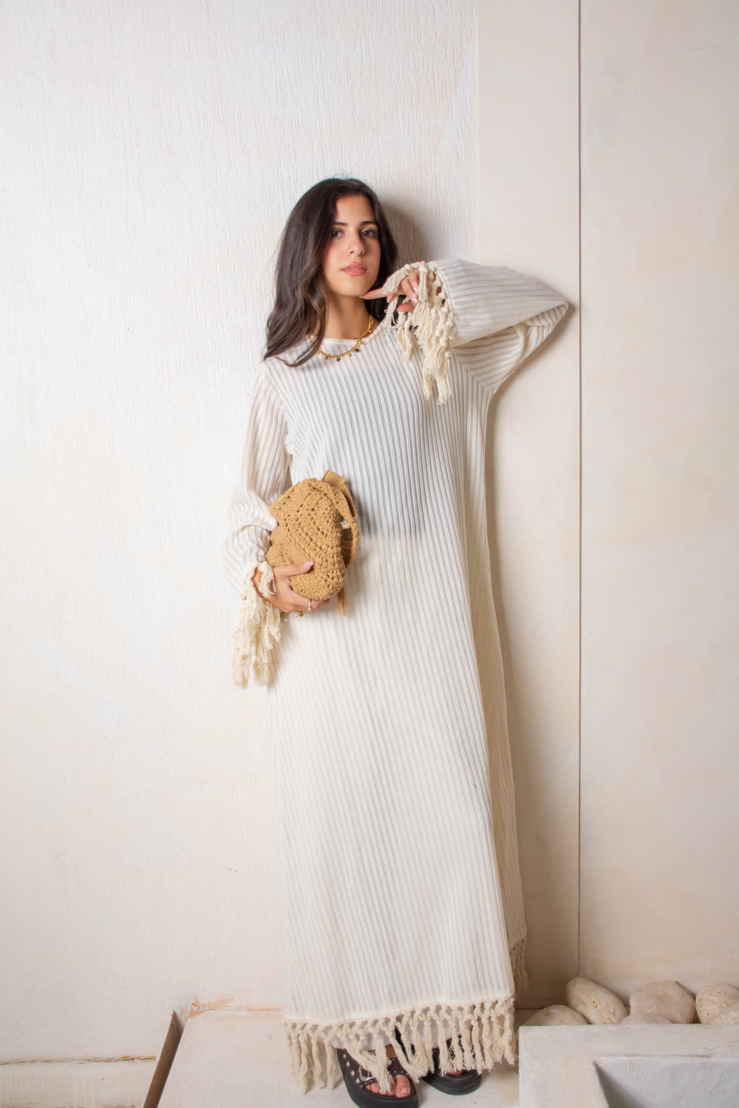 Fringe Knit Dress – White