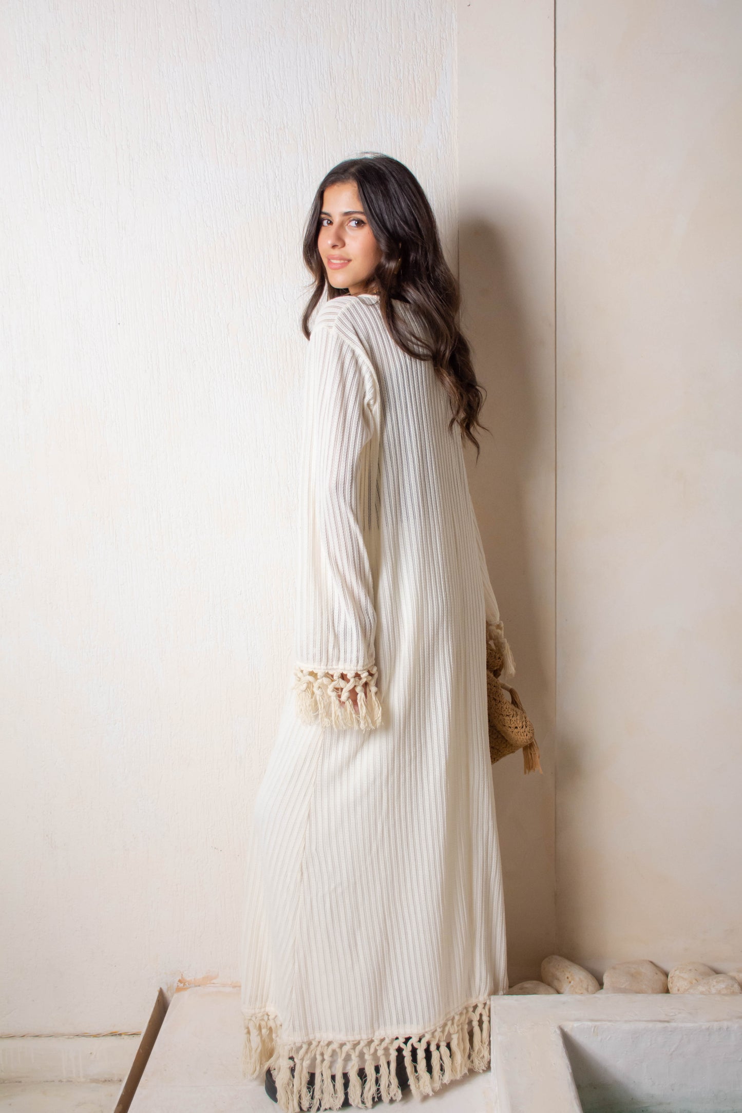 Fringe Knit Dress – White