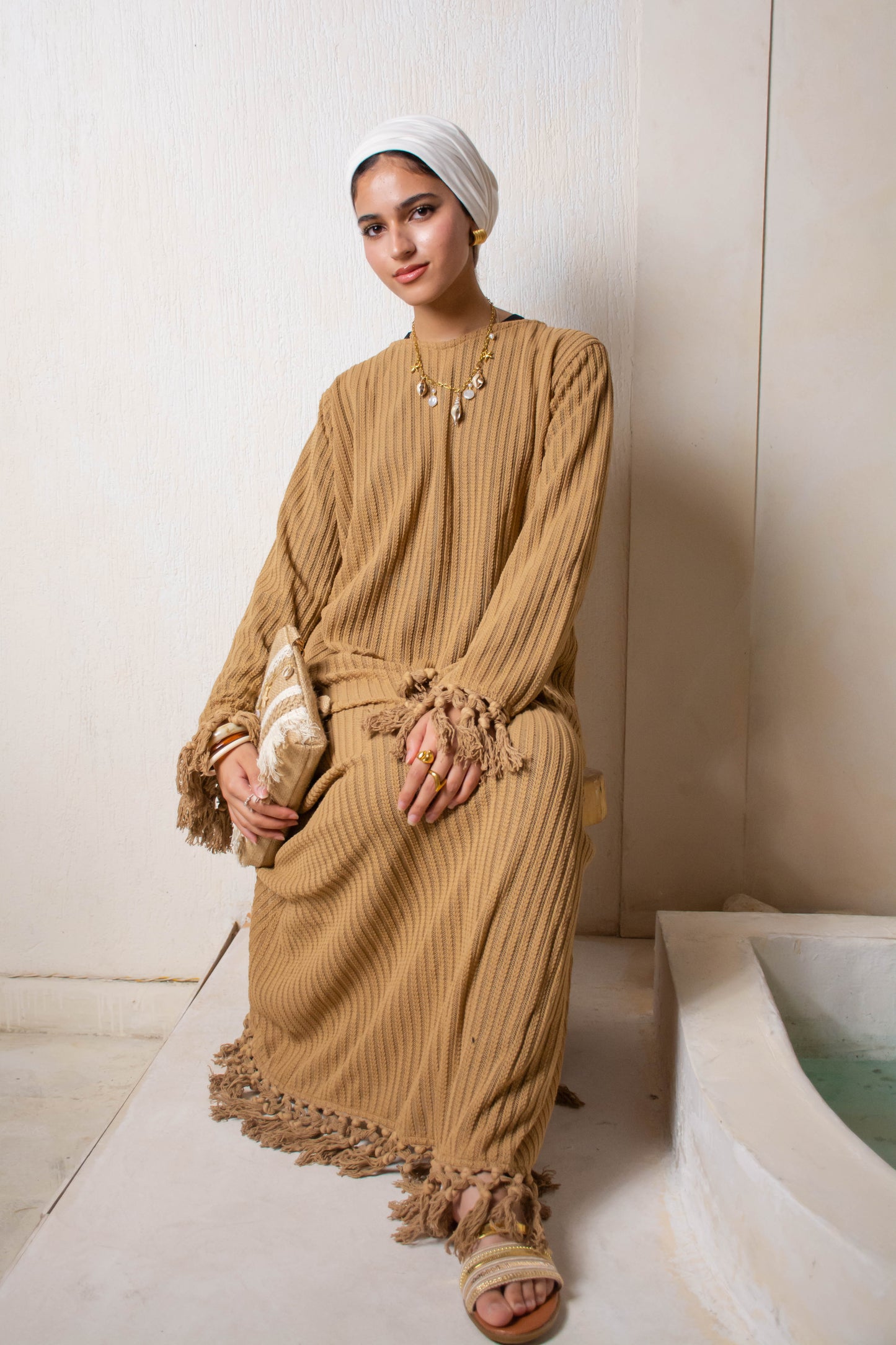 Fringe Knit Dress – Camel