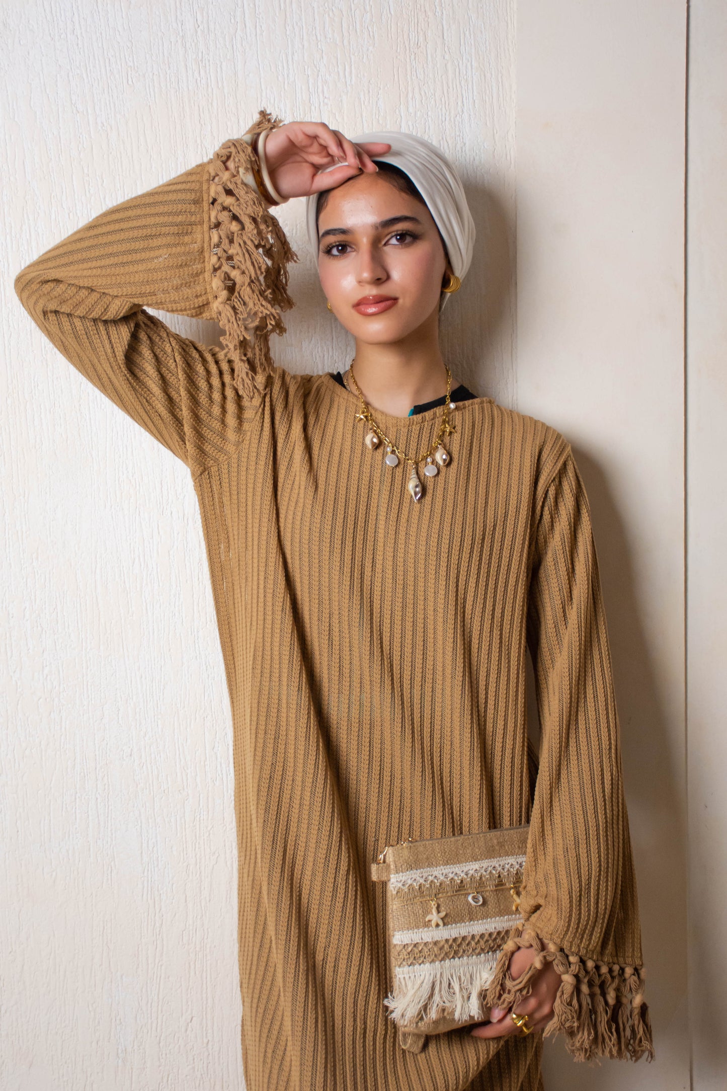 Fringe Knit Dress – Camel