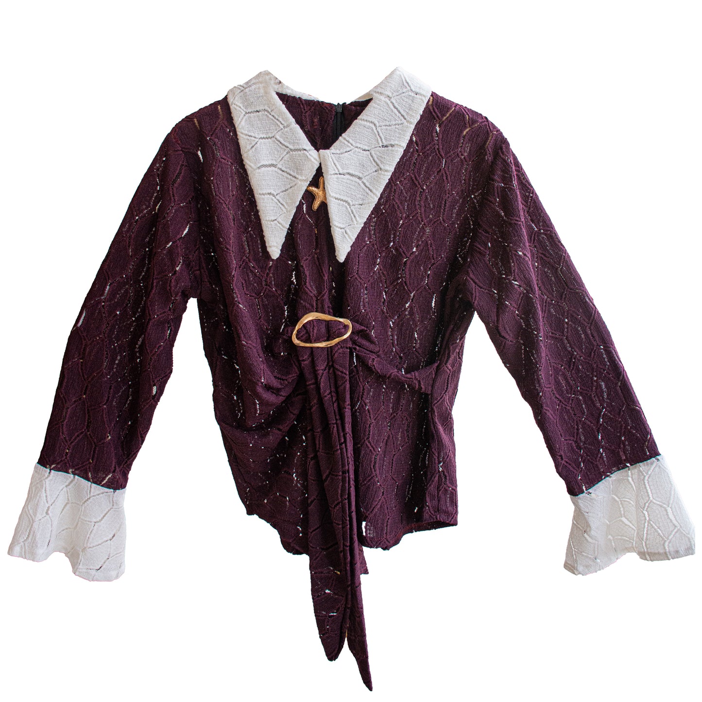 Textured Wrap Blouse with Contrast White Collar
