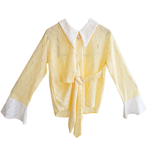 Textured Wrap Blouse with Contrast White Collar