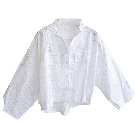 White Voile Embroidered Oversized Pocket Shirt