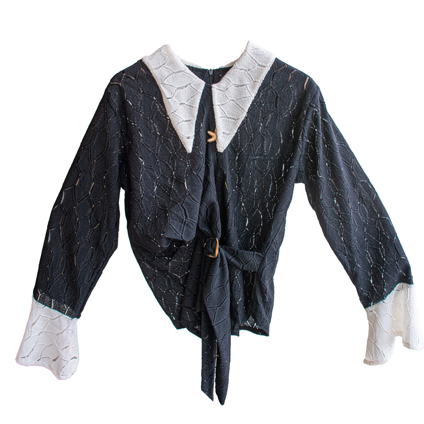 Textured Wrap Blouse with Contrast White Collar