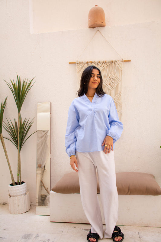 Linen Blouse Regular Fit  – Blue