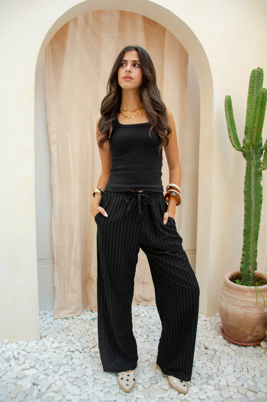 Textured Wide-Leg Pants – Black