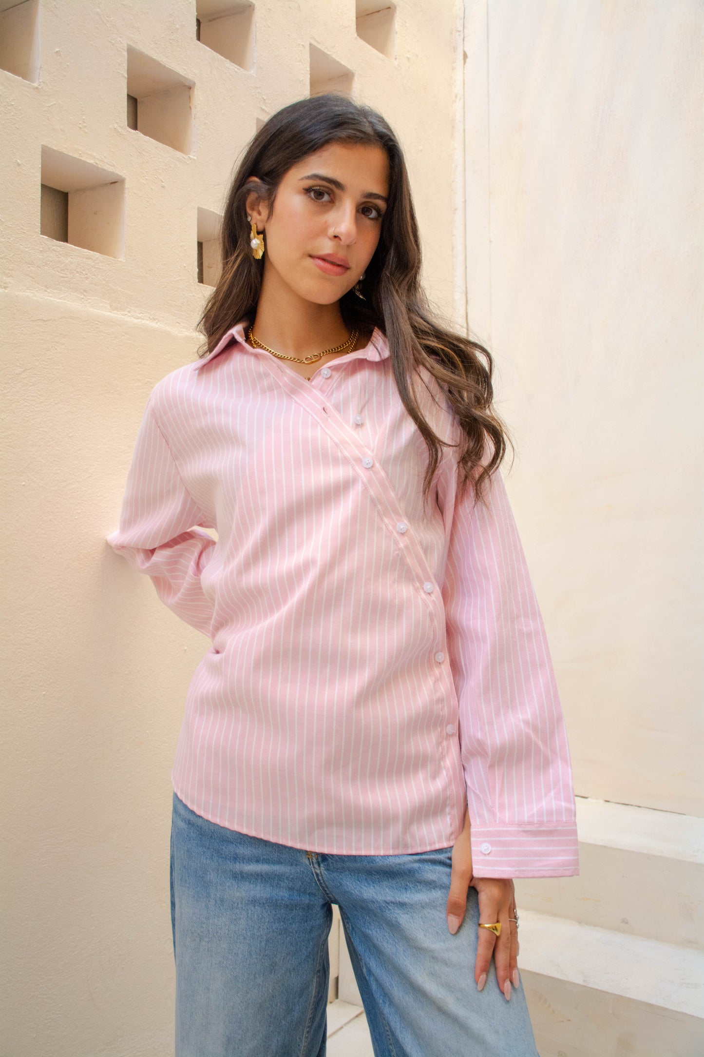 Striped Wrap Shirt – Light Pink