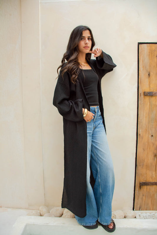 Long Textured Cardigan – Black