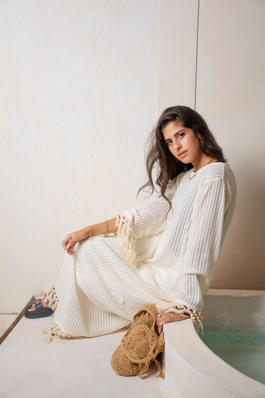 Fringe Knit Dress – White