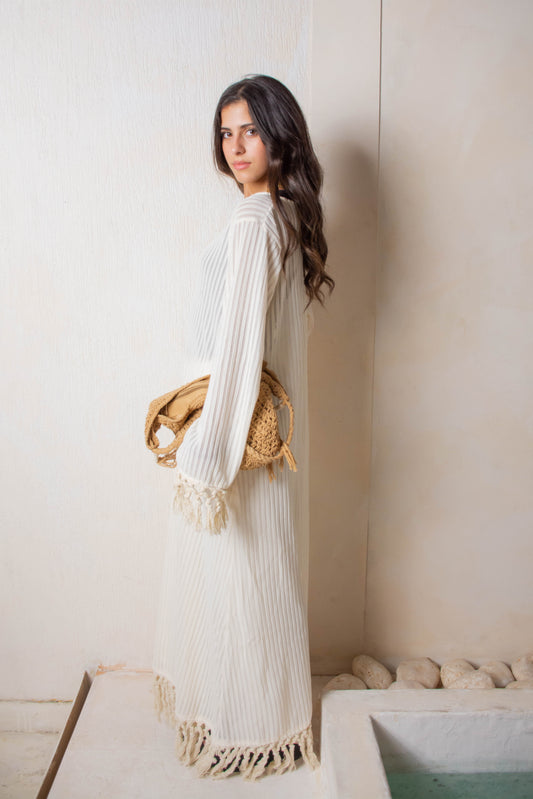 Fringe Knit Dress – White
