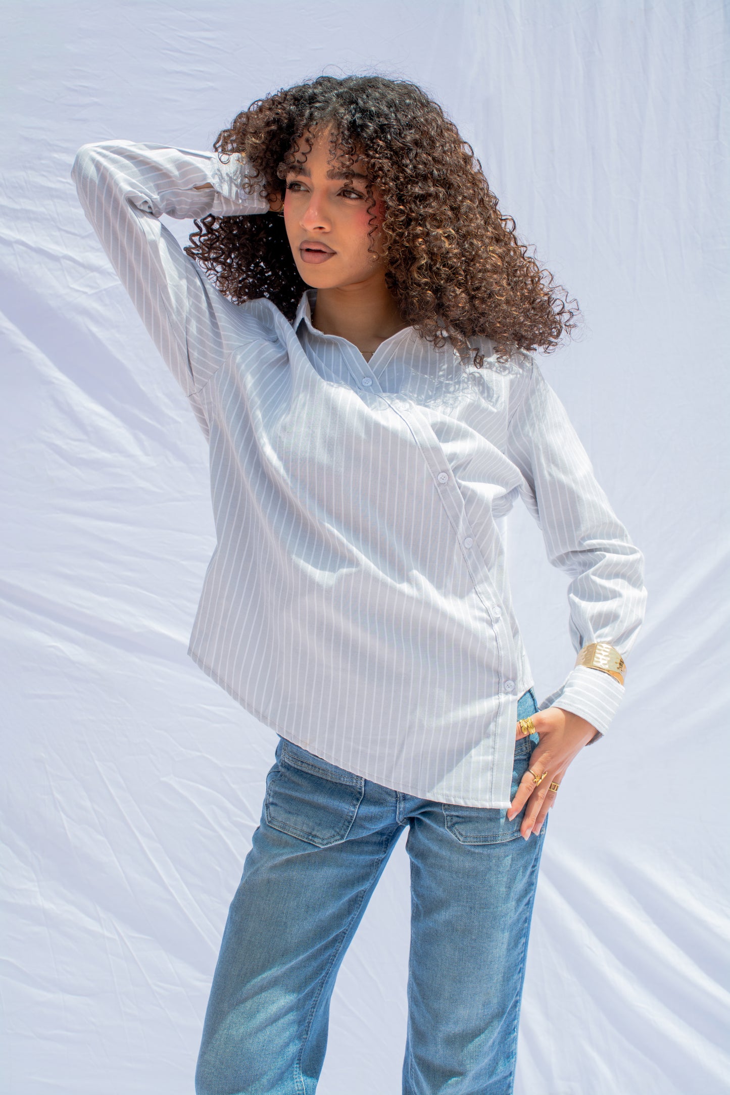 Striped Wrap Shirt – Light gray