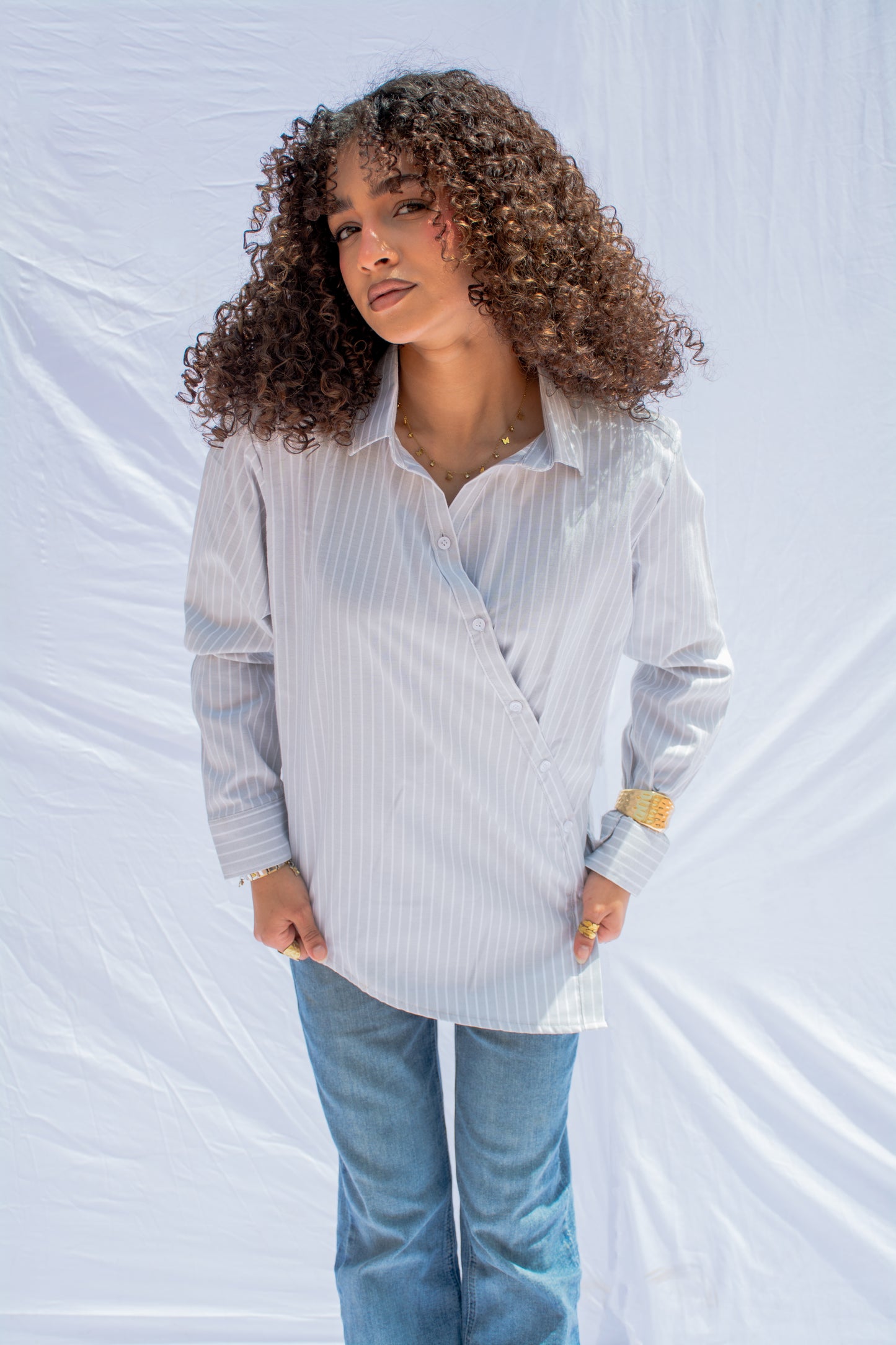 Striped Wrap Shirt – Light gray