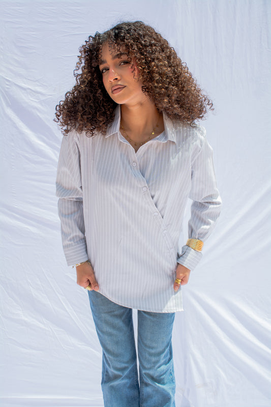 Striped Wrap Shirt – Light gray