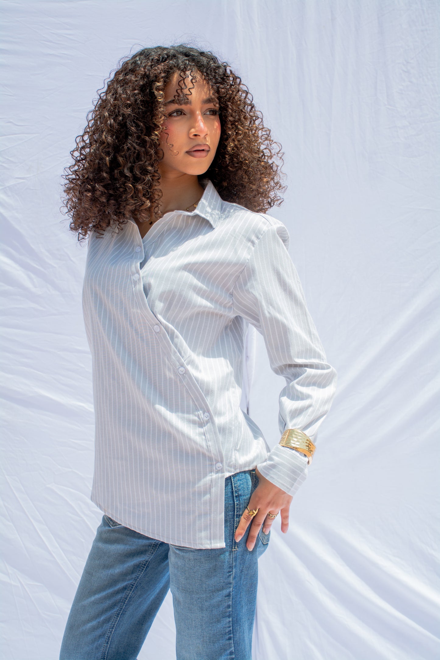 Striped Wrap Shirt – Light gray