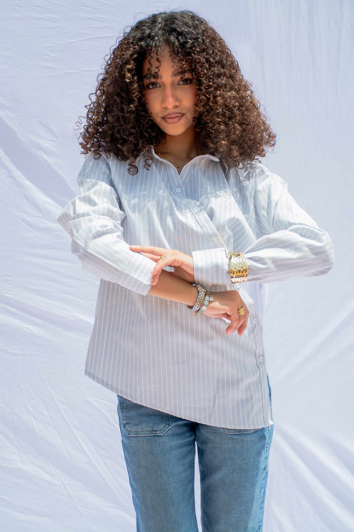 Striped Wrap Shirt – Light gray